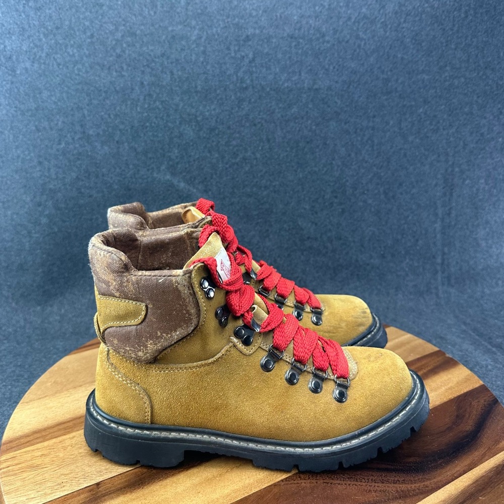Vtg Red Bird Mens Hiking Mountaineering Boots Tan Suede Lug Sole Red Laces Sz 6